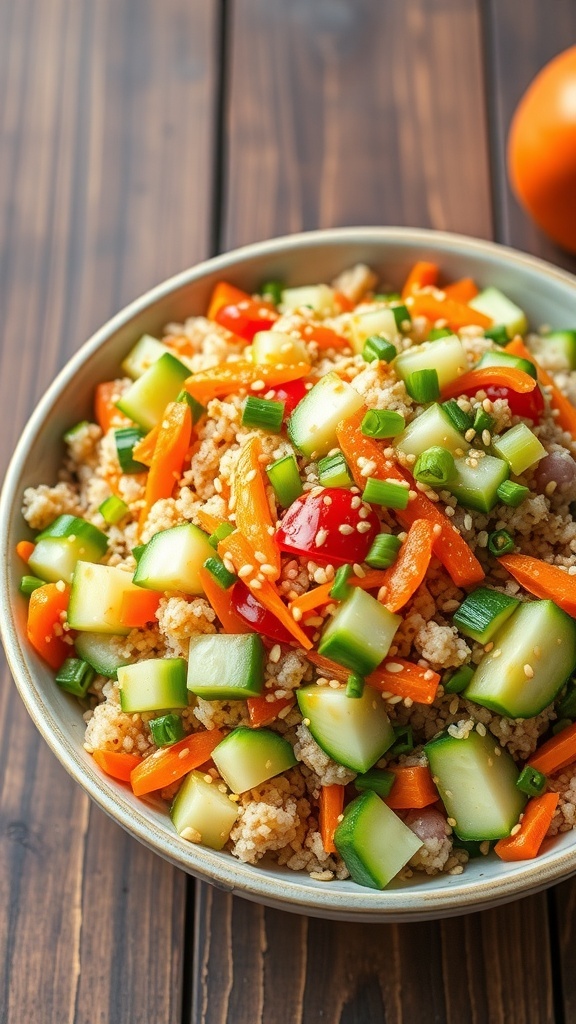 A colorful Japanese quinoa salad with cucumbers, carrots, bell peppers, and sesame seeds in a bowl on a wooden table.